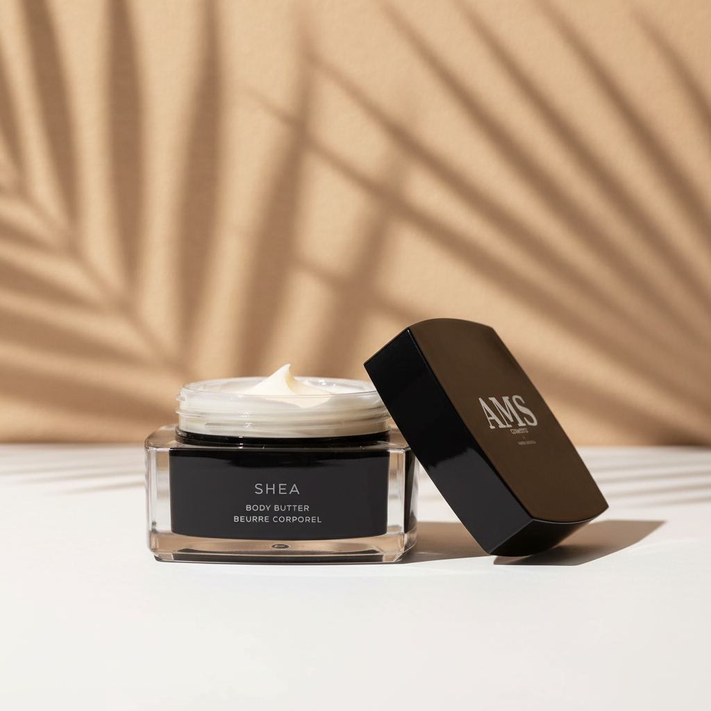 AMS Cosmetics Shea Body Butter — fond beige chaud avec ombres de palmier