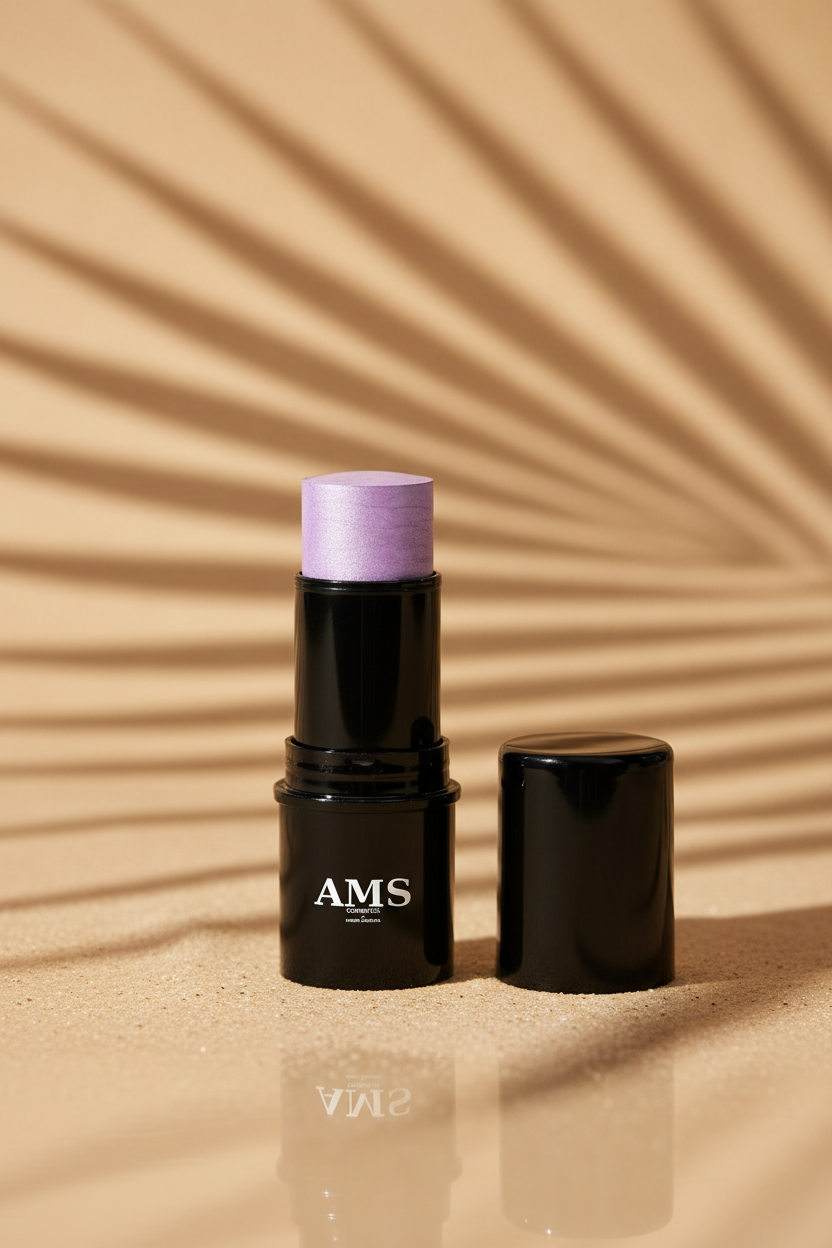 AMS Highlighter Stick Lavande Perlée - Fond Beige Chaud Ombres Palmier