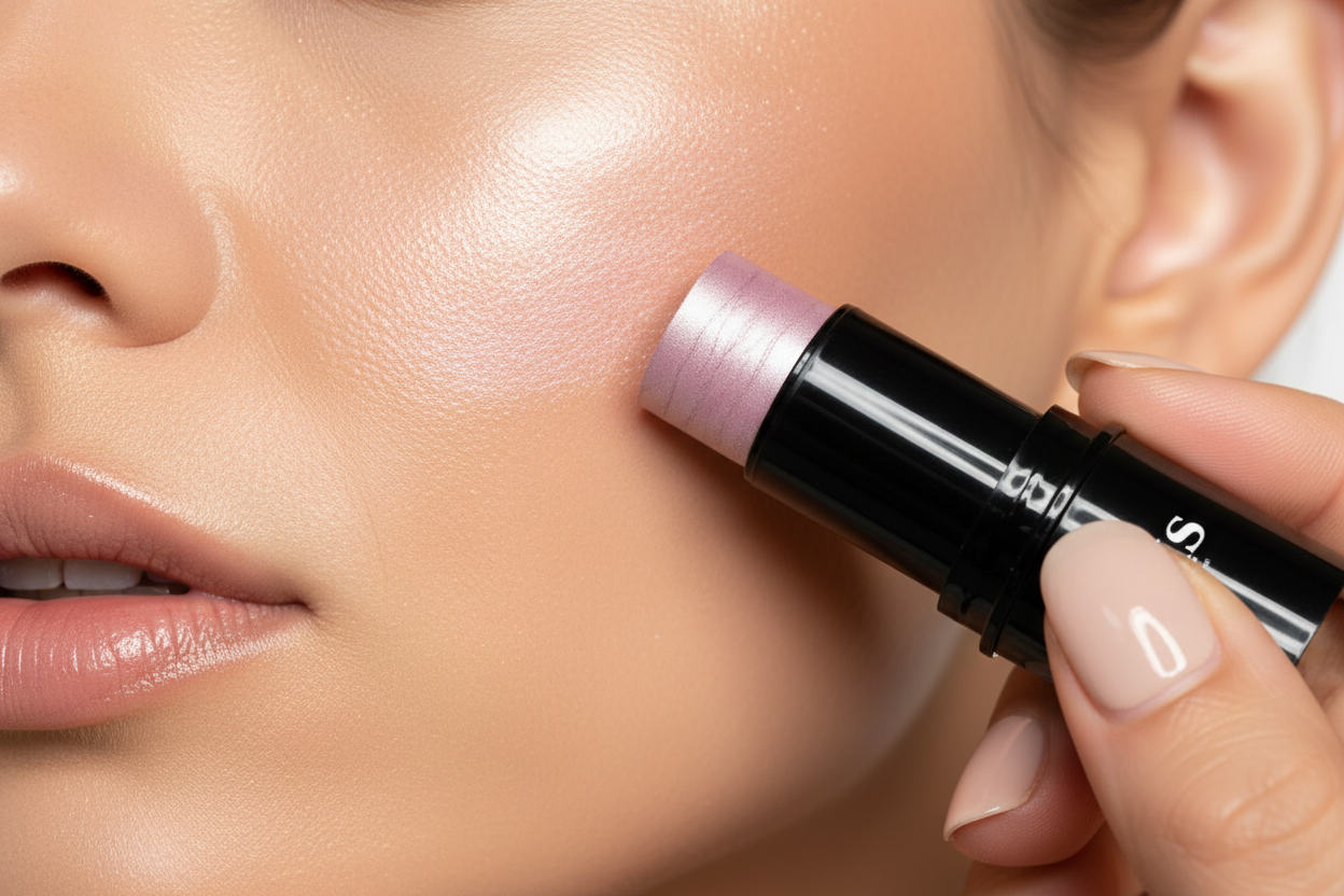 AMS Highlighter Stick Rose Perlé - Application Pommettes Glow Rose Iridescent Éditorial