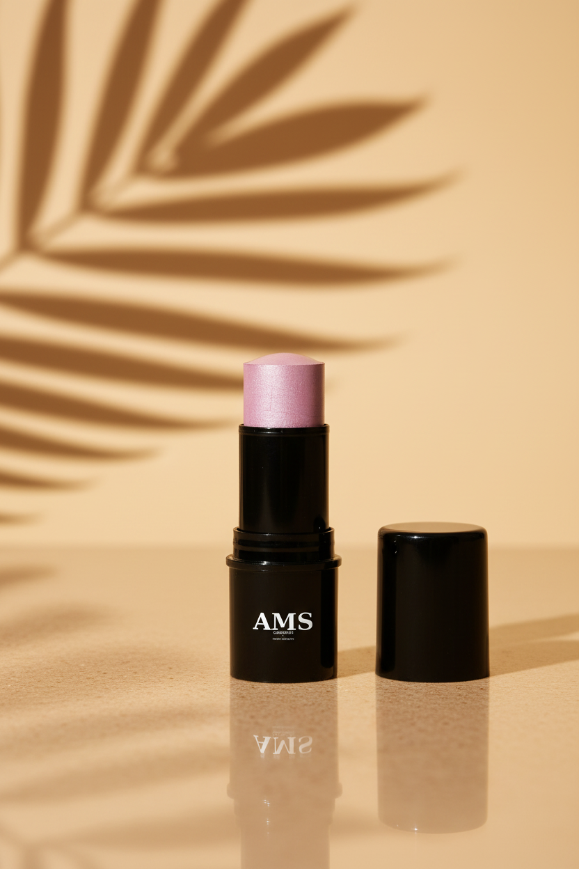 AMS Highlighter Stick Rose Perlé - Fond Beige Chaud Ombres Palmier Tropicales