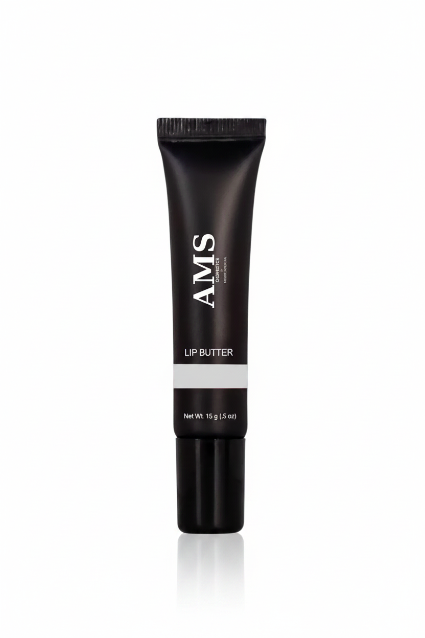 AMS Lip Butter - Hero Shot Packaging Noir Luxe Fond Blanc
