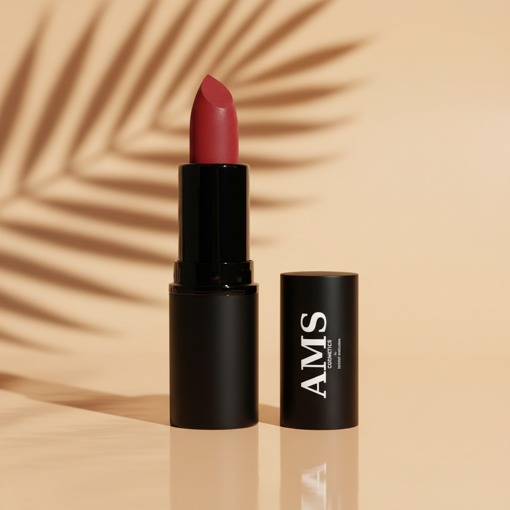 AMS Lipstick Rouge Brique - Fond Beige Chaud Palmier