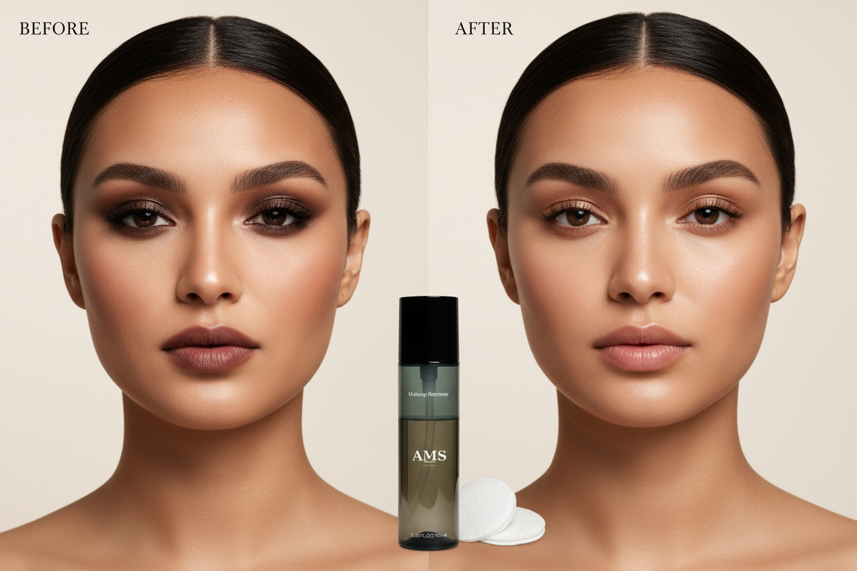 AMS Makeup Remover - Avant Après Peau Maquillée vs Peau Nette Lumineuse