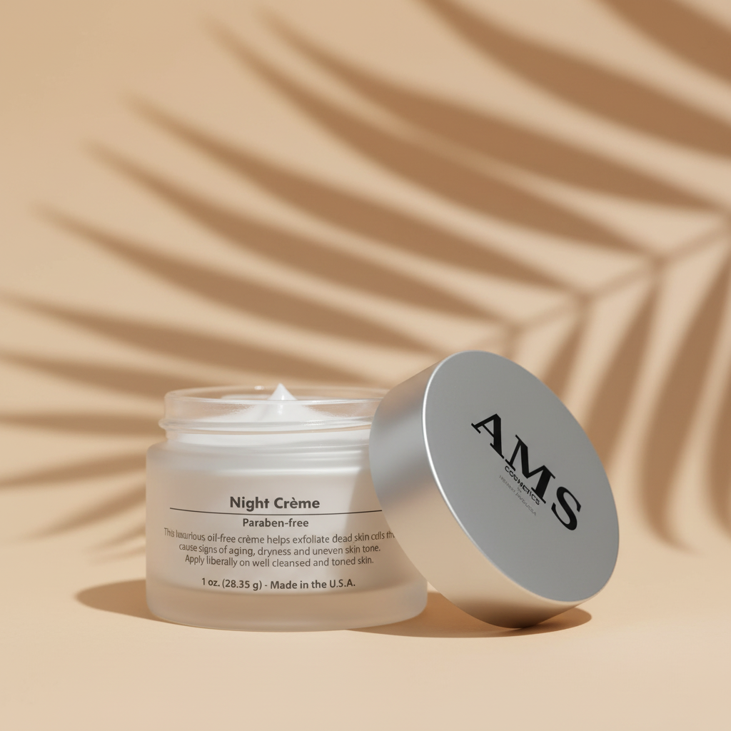 AMS Night Crème – Fond Beige Chaud & Ombres Palmier